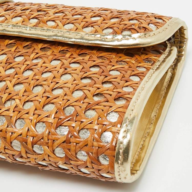 Pre Owned Kate Spade Gold/Brown Rattan and Rattan Turnlock Flap Clutch