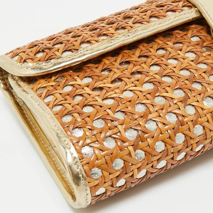 Pre Owned Kate Spade Gold/Brown Rattan and Rattan Turnlock Flap Clutch
