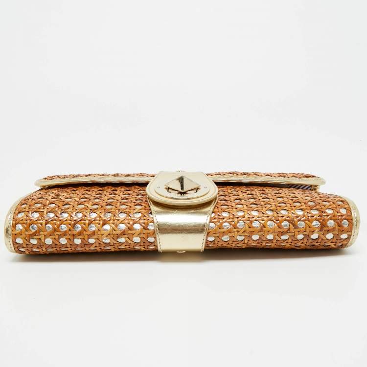 Pre Owned Kate Spade Gold/Brown Rattan and Rattan Turnlock Flap Clutch