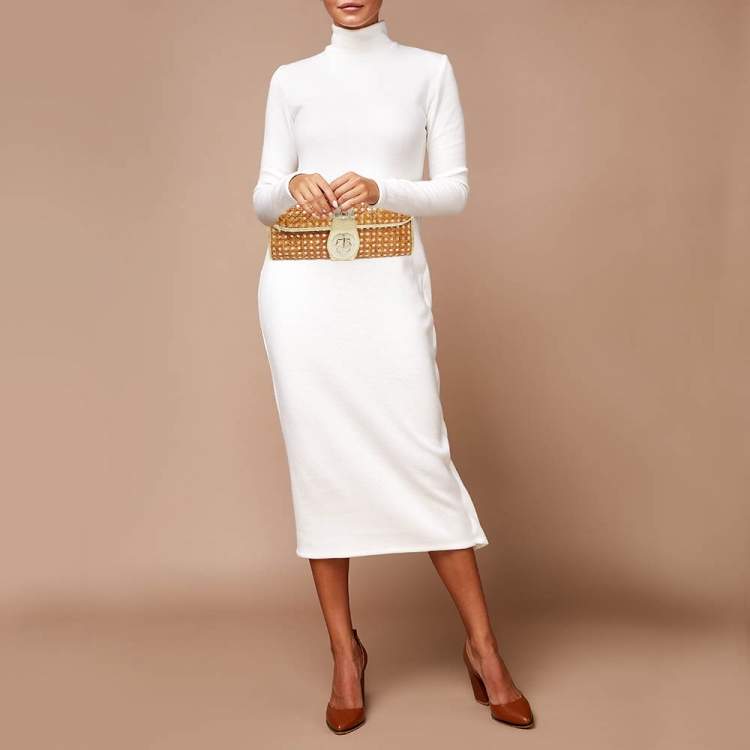 Pre Owned Kate Spade Gold/Brown Rattan and Rattan Turnlock Flap Clutch