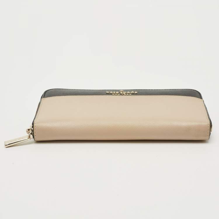 Pre Owned Kate Spade Beige/Black Leather Staci Zip Around Wallet