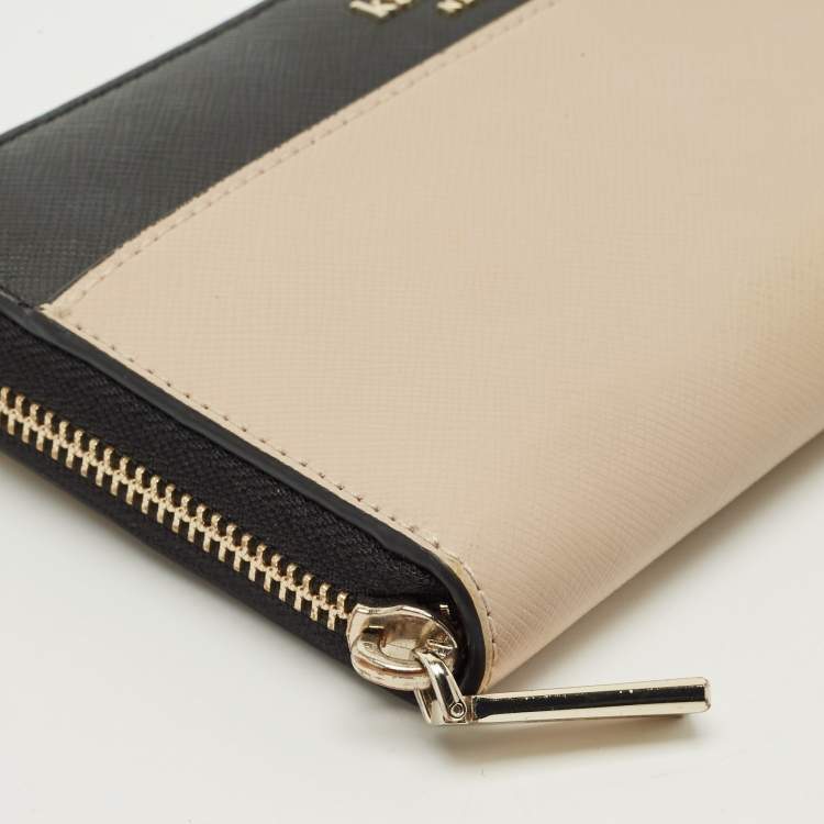 Pre Owned Kate Spade Beige/Black Leather Staci Zip Around Wallet