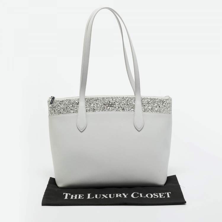 Pre Owned Kate Spade Light Grey Leather Flash Glitter Tote