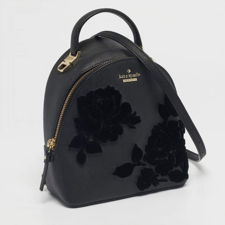 Pre Owned Kate Spade Black Leather Cameron Street Flock Roses Binx  Convertible Backpack
