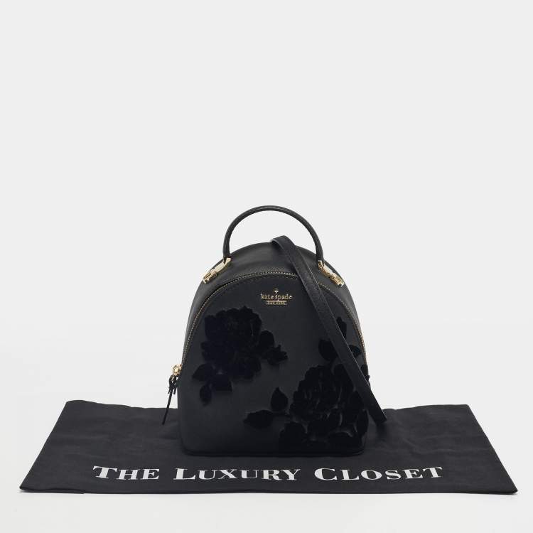 Pre Owned Kate Spade Black Leather Cameron Street Flock Roses Binx  Convertible Backpack