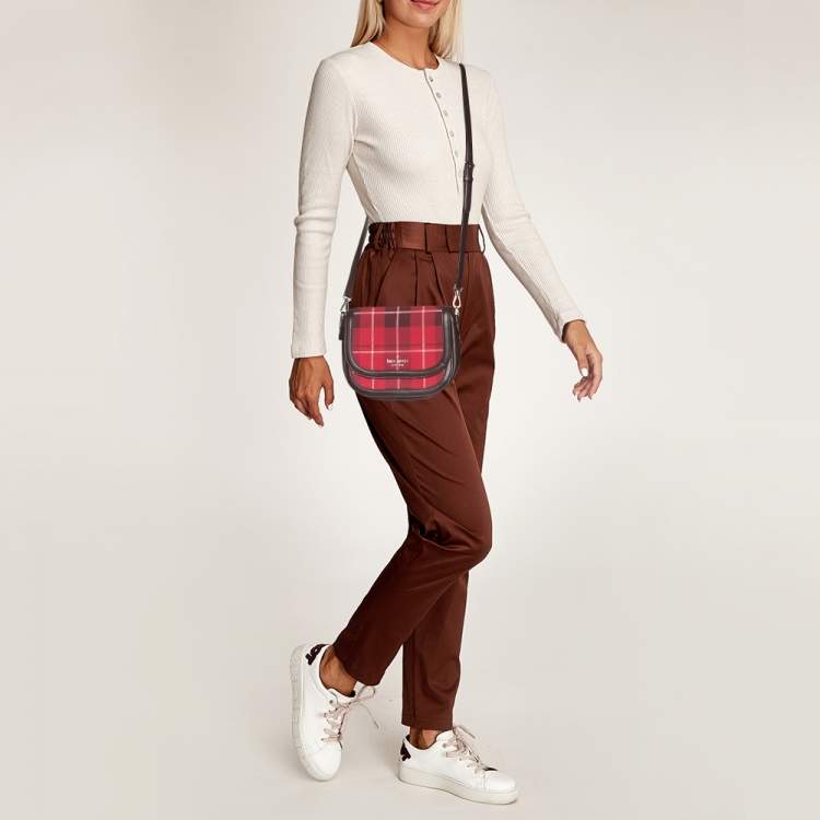 Pre Owned Kate Spade Red/Brown Canvas and Leather Blake Plaid Crossbody Bag