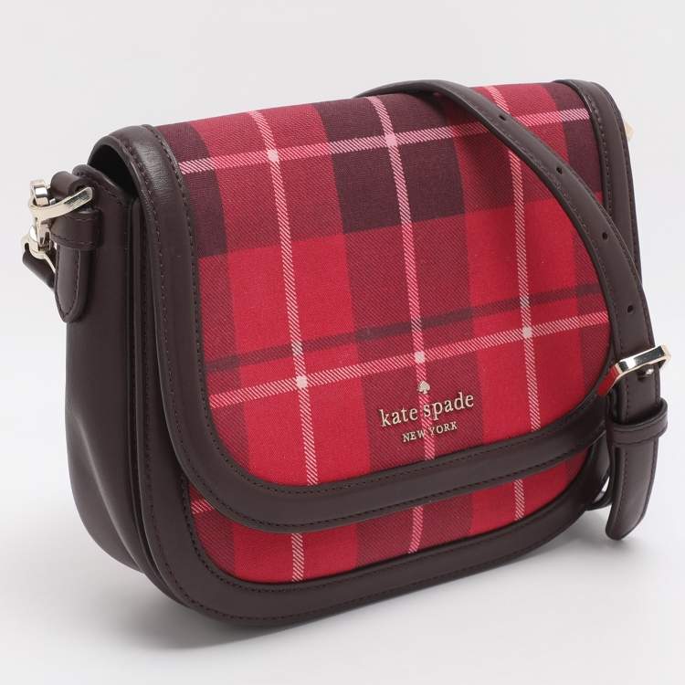 Pre Owned Kate Spade Red/Brown Canvas and Leather Blake Plaid Crossbody Bag