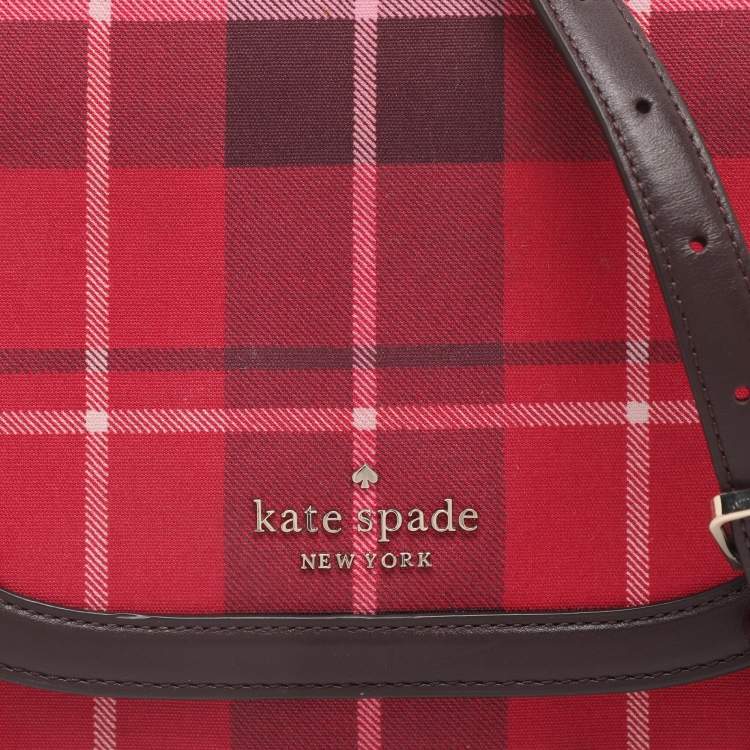 Pre Owned Kate Spade Red/Brown Canvas and Leather Blake Plaid Crossbody Bag