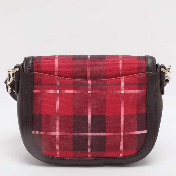 Pre Owned Kate Spade Red/Brown Canvas and Leather Blake Plaid Crossbody Bag