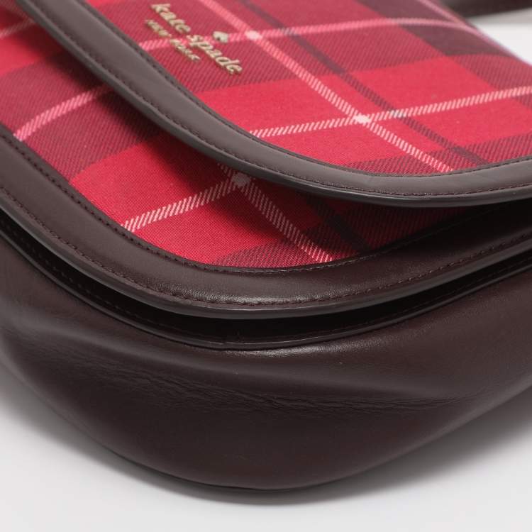 Pre Owned Kate Spade Red/Brown Canvas and Leather Blake Plaid Crossbody Bag