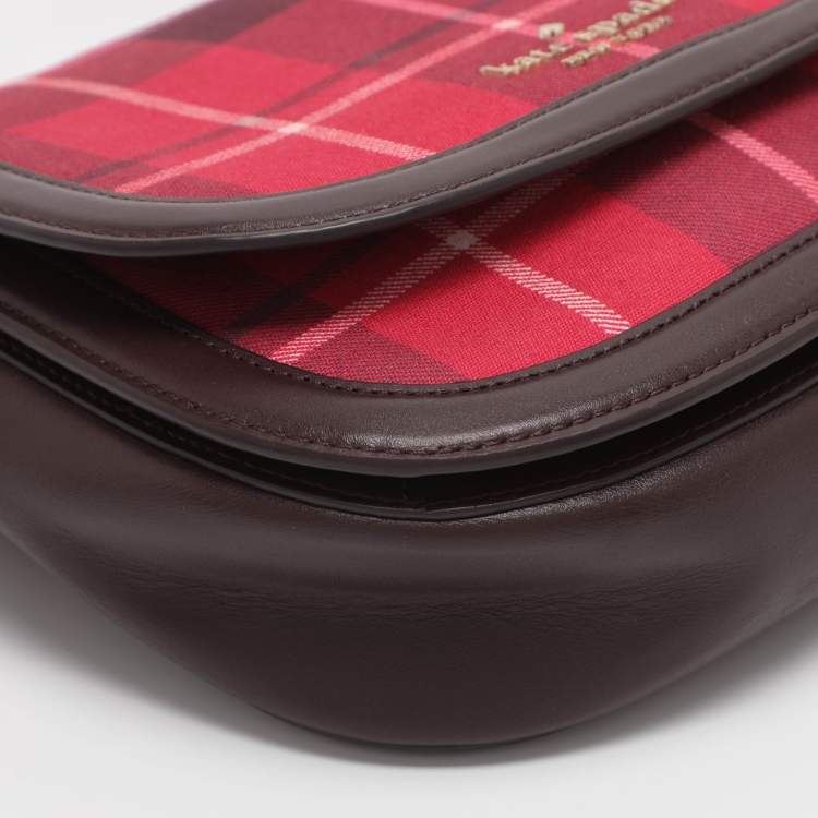 Pre Owned Kate Spade Red/Brown Canvas and Leather Blake Plaid Crossbody Bag
