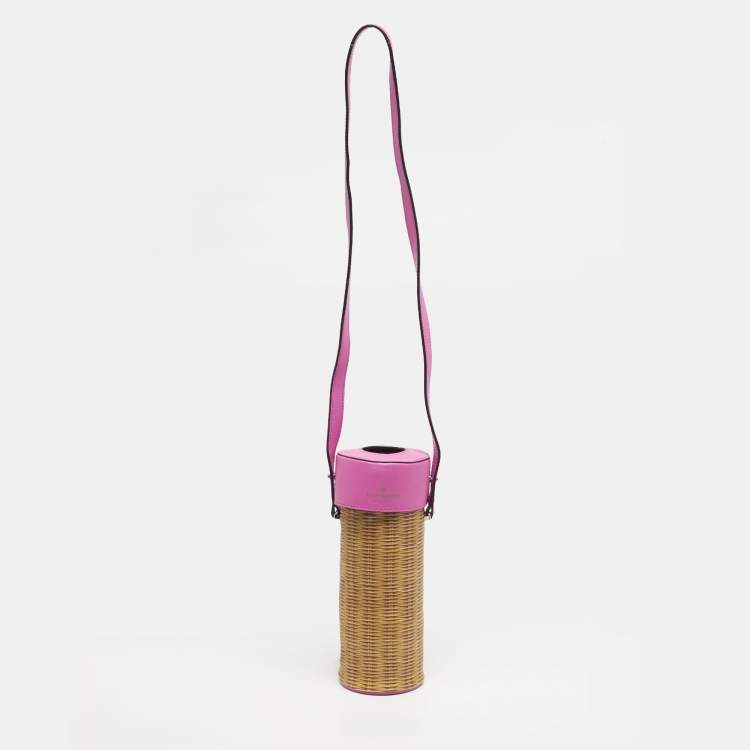 Pre Owned Kate Spade Champagne Box Brown/Fuchsia Woven Printed Leather Crossbody Bag