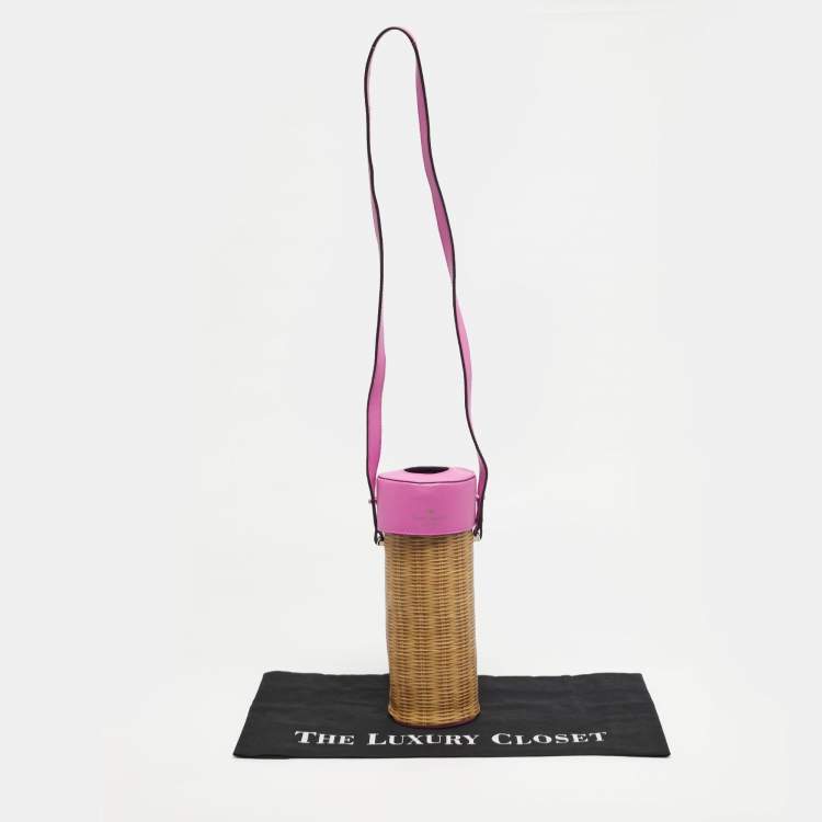 Pre Owned Kate Spade Champagne Box Brown/Fuchsia Woven Printed Leather Crossbody Bag