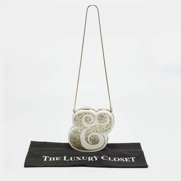 Pre Owned Kate Spade Wedding Belles Ampersand White/Gold Acrylic Clutch