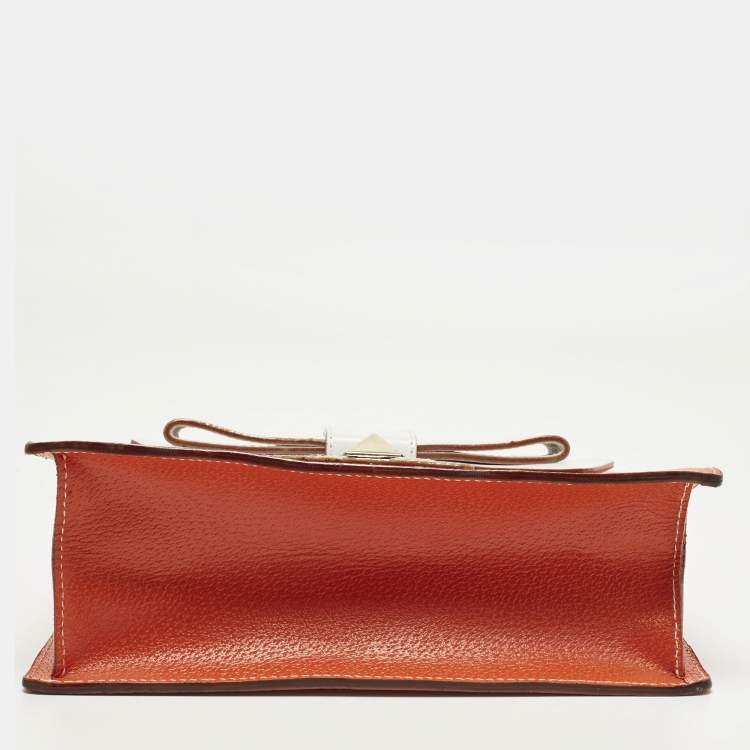 Pre Owned Kate Spade Bow Flap Orange/White Leather Top Handle Bag