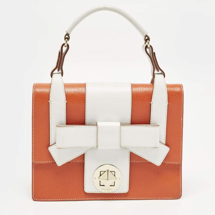 Pre Owned Kate Spade Bow Flap Orange/White Leather Top Handle Bag