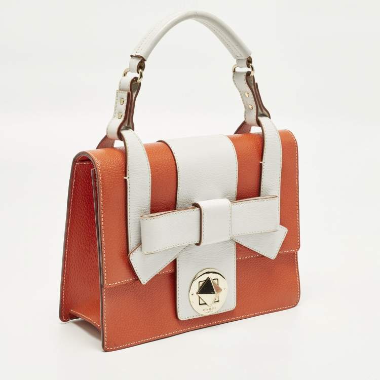 Pre Owned Kate Spade Bow Flap Orange/White Leather Top Handle Bag