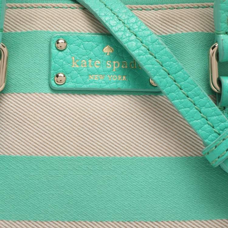 Pre Owned Kate Spade Groove Court Maise Green/Beige Stripe Canvas and Leather Satchel