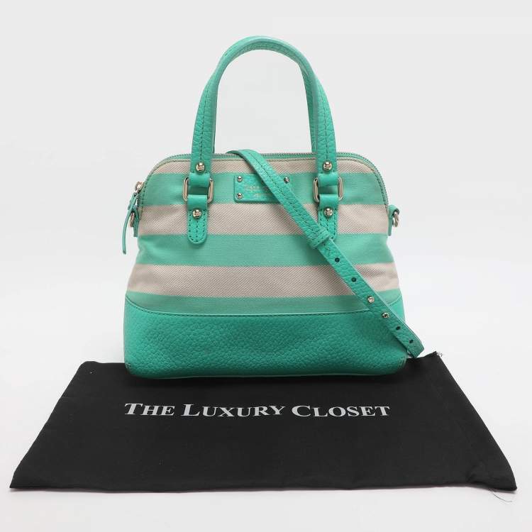 Pre Owned Kate Spade Groove Court Maise Green/Beige Stripe Canvas and Leather Satchel