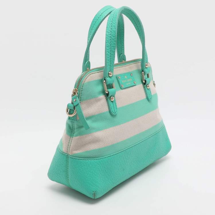 Pre Owned Kate Spade Groove Court Maise Green/Beige Stripe Canvas and Leather Satchel