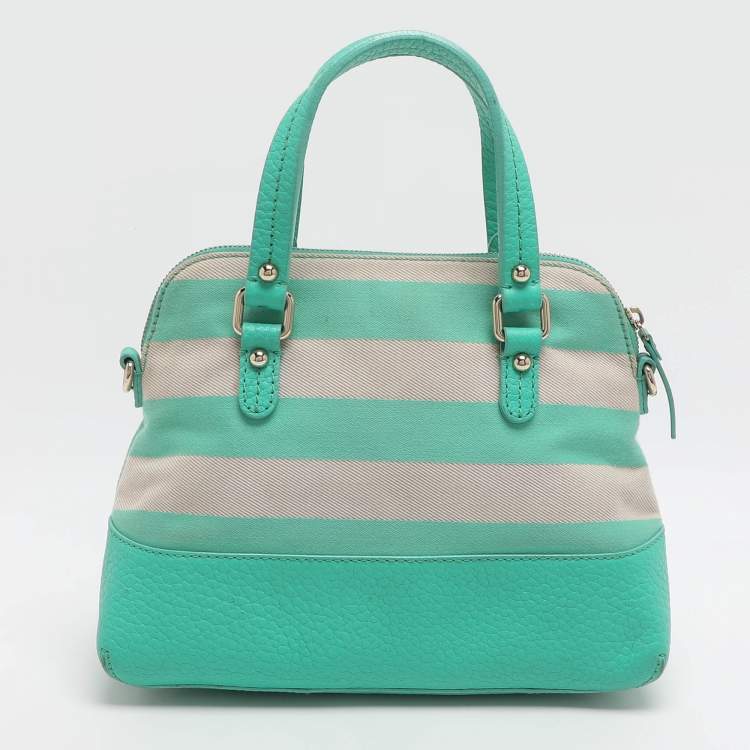Pre Owned Kate Spade Groove Court Maise Green/Beige Stripe Canvas and Leather Satchel