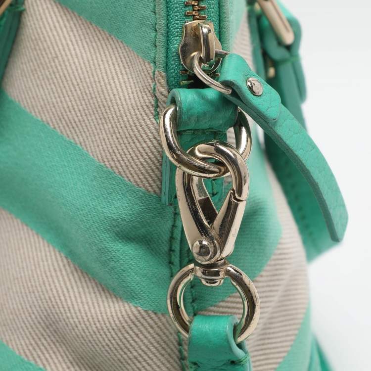 Pre Owned Kate Spade Groove Court Maise Green/Beige Stripe Canvas and Leather Satchel