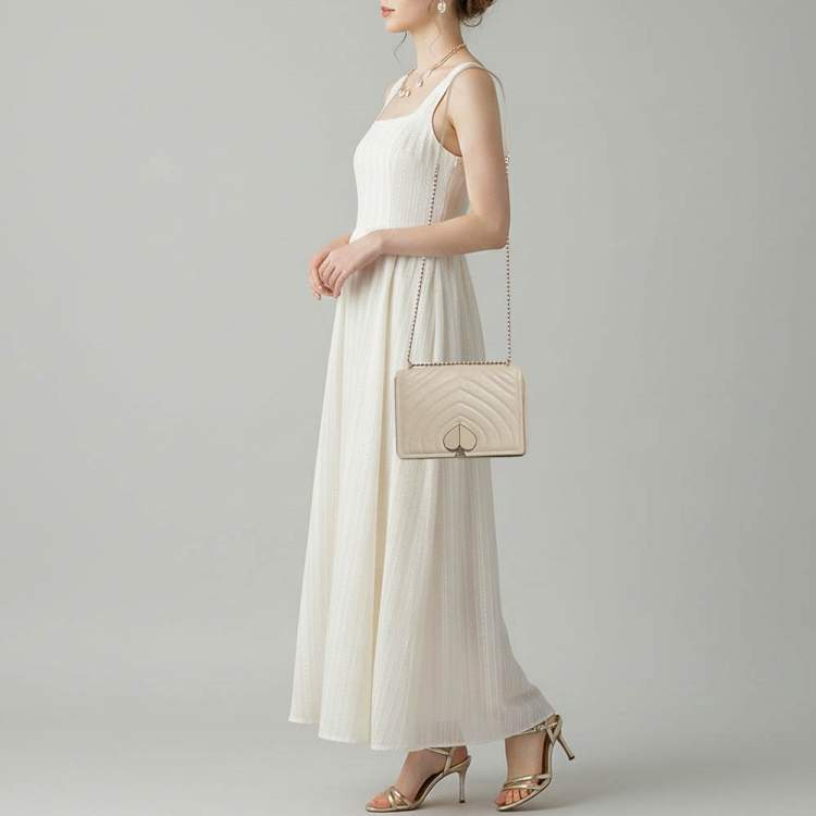 Pre Owned Kate Spade Amelia Medium Beige Leather Convertible Flap Chain Shoulder Bag