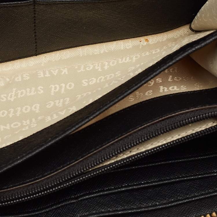 Pre Owned Kate Spade Black/Beige Damask Print Leather Zip Around Continental Wallet