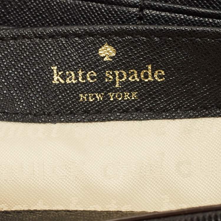 Pre Owned Kate Spade Black/Beige Damask Print Leather Zip Around Continental Wallet