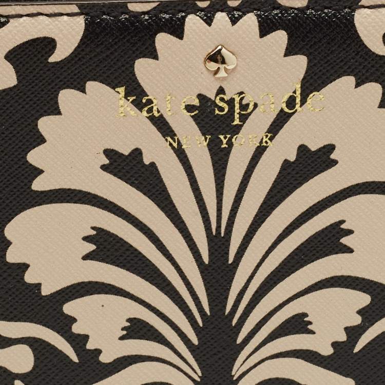 Pre Owned Kate Spade Black/Beige Damask Print Leather Zip Around Continental Wallet