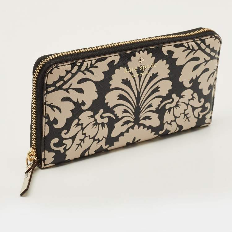 Pre Owned Kate Spade Black/Beige Damask Print Leather Zip Around Continental Wallet