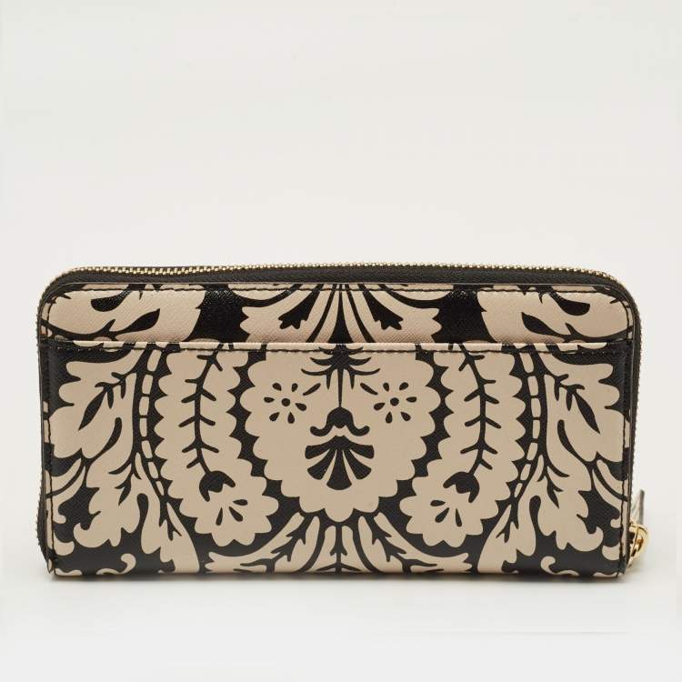 Pre Owned Kate Spade Black/Beige Damask Print Leather Zip Around Continental Wallet
