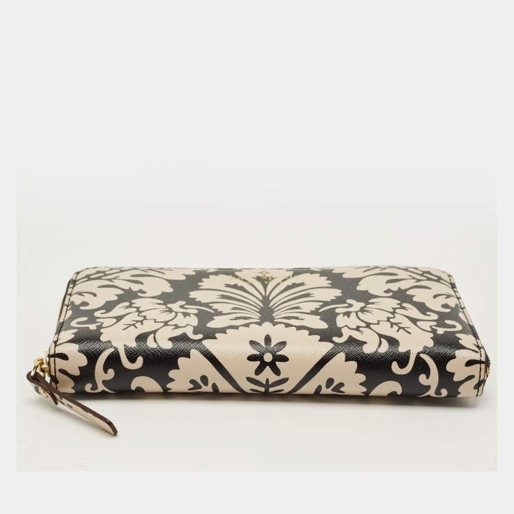 Pre Owned Kate Spade Black/Beige Damask Print Leather Zip Around Continental Wallet