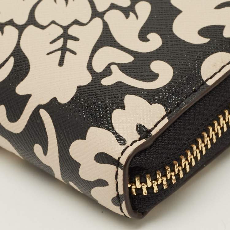 Pre Owned Kate Spade Black/Beige Damask Print Leather Zip Around Continental Wallet