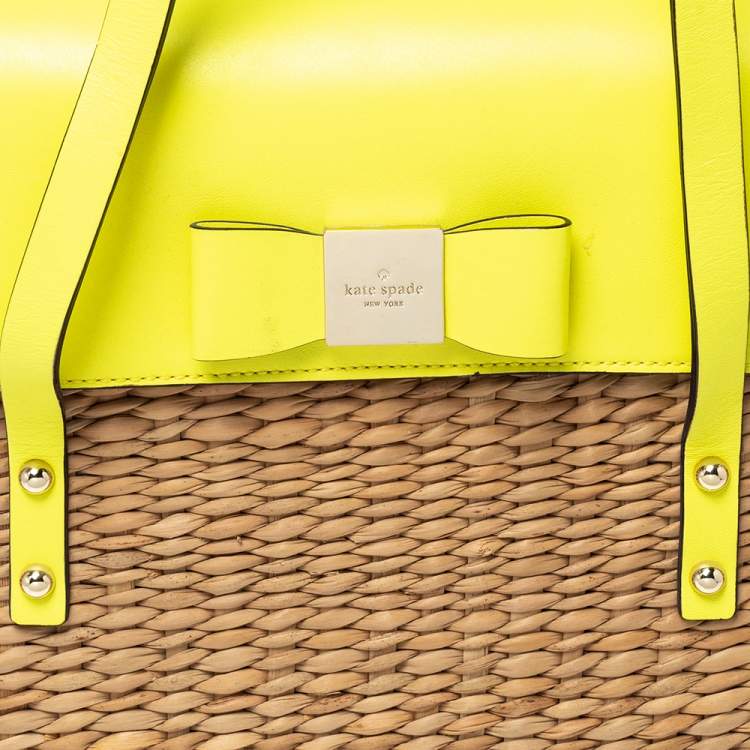 Pre Owned Kate Spade Lemon Green Straw and Leather Large New York Luisa Tote