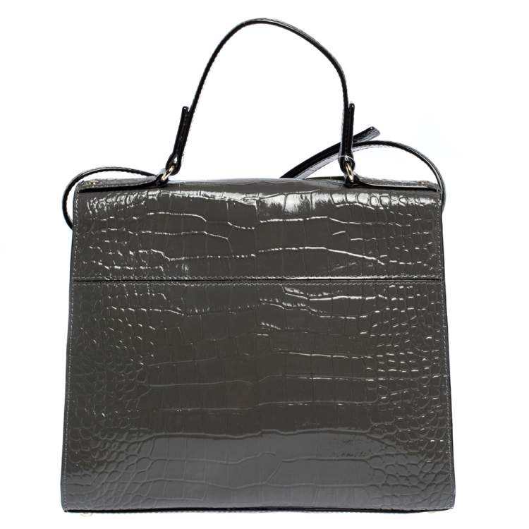 Pre Owned Kate Spade Grey Croc Embossed Patent Leather Knightsbridge Doris Top Handle Bag