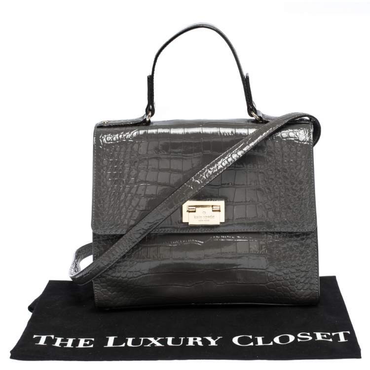 Pre Owned Kate Spade Grey Croc Embossed Patent Leather Knightsbridge Doris Top Handle Bag