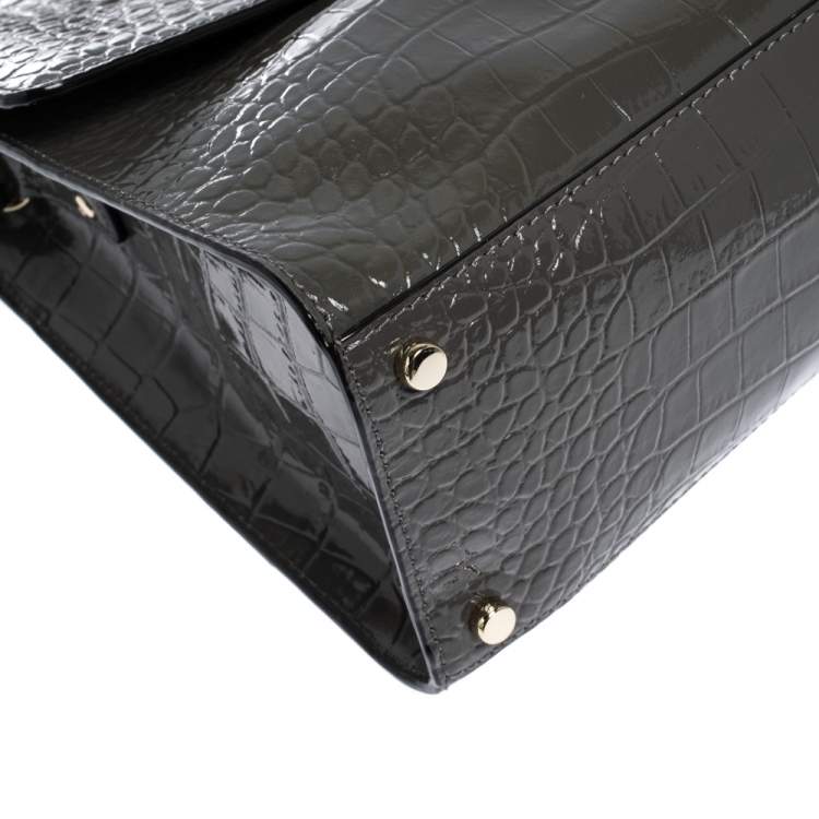Pre Owned Kate Spade Grey Croc Embossed Patent Leather Knightsbridge Doris Top Handle Bag