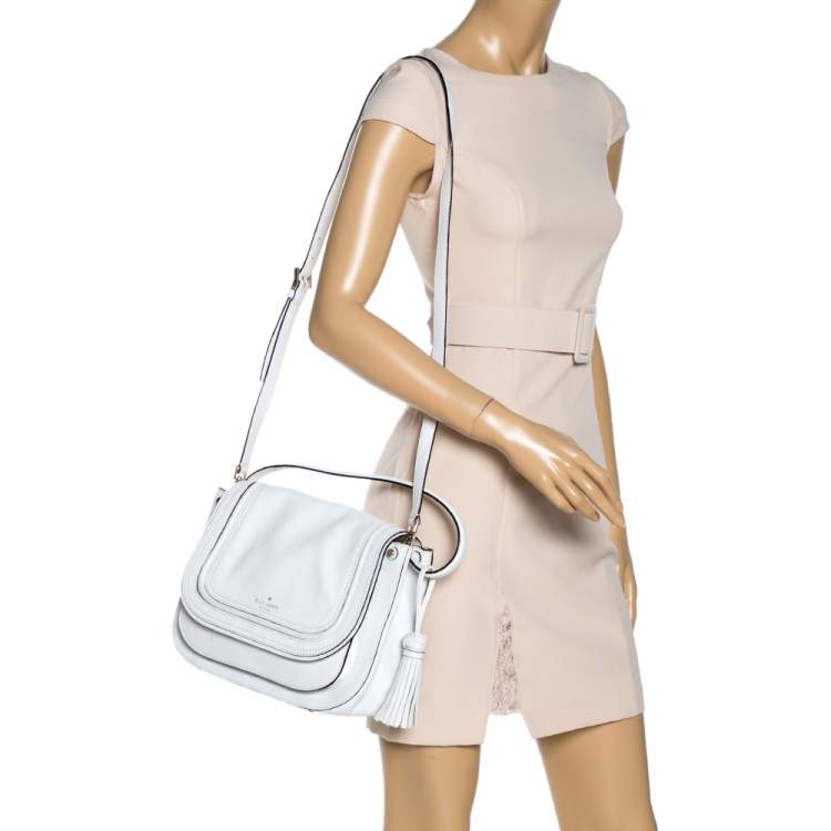 Pre Owned Kate Spade White Leather Tassel Flap Top Handle Bag