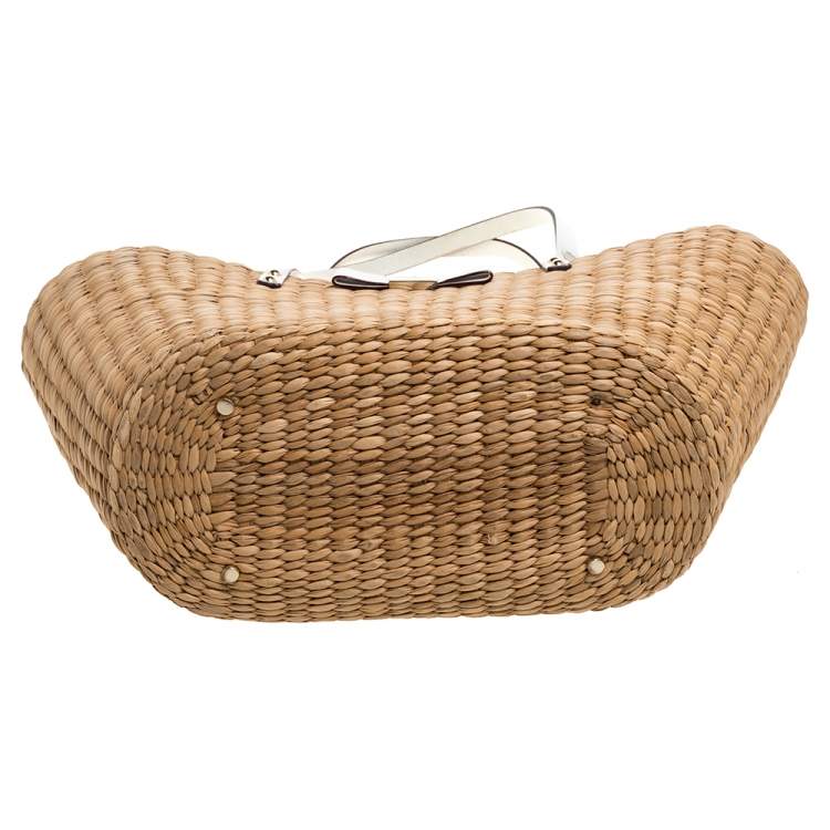 Pre Owned Kate Spade Beige/White Woven Raffia and Leather Vita Limoni Aria Tote