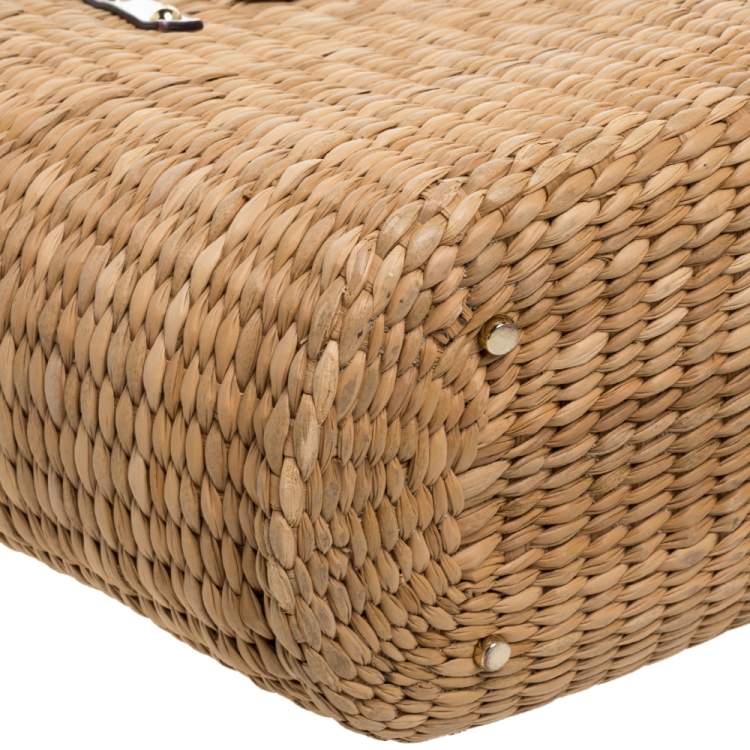 Pre Owned Kate Spade Beige/White Woven Raffia and Leather Vita Limoni Aria Tote