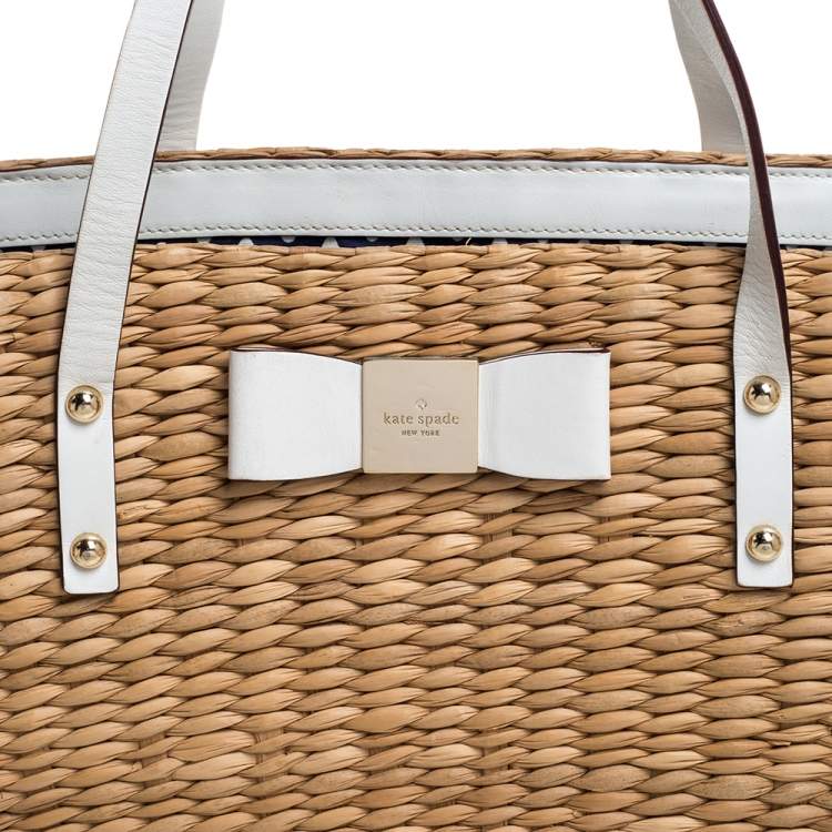 Pre Owned Kate Spade Beige/White Woven Raffia and Leather Vita Limoni Aria Tote