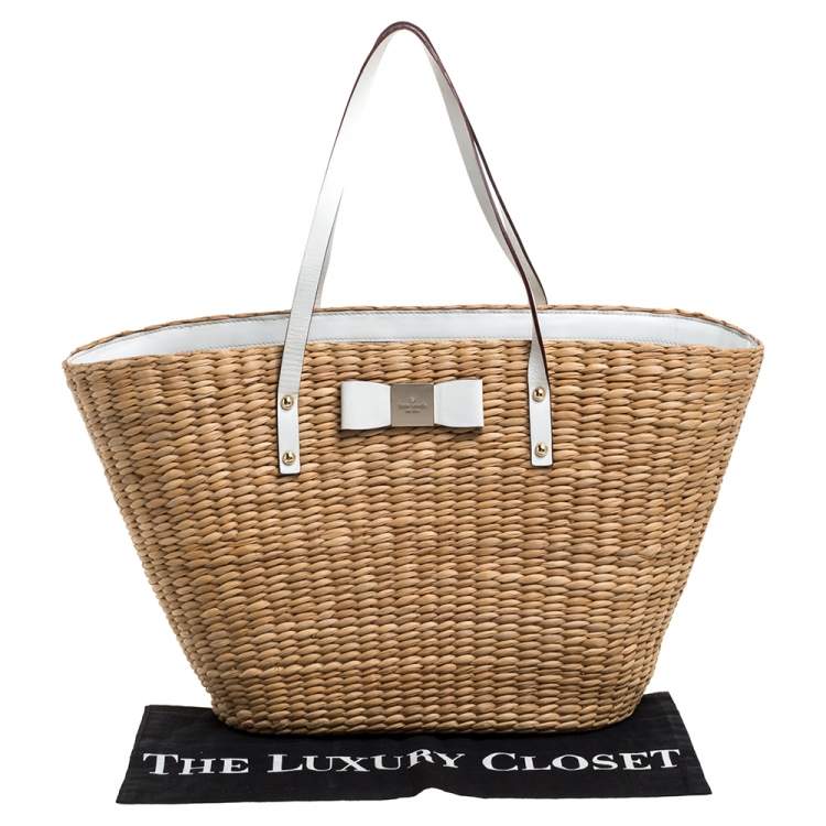 Pre Owned Kate Spade Beige/White Woven Raffia and Leather Vita Limoni Aria Tote