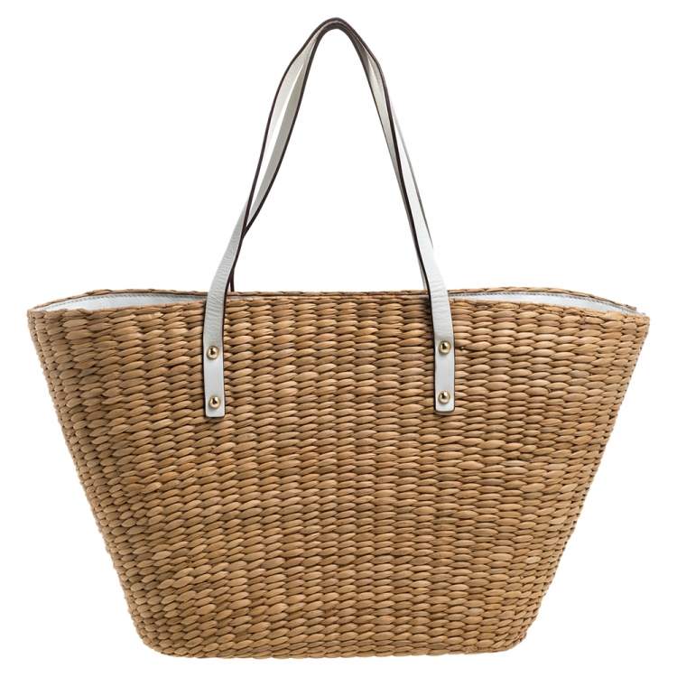 Pre Owned Kate Spade Beige/White Woven Raffia and Leather Vita Limoni Aria Tote