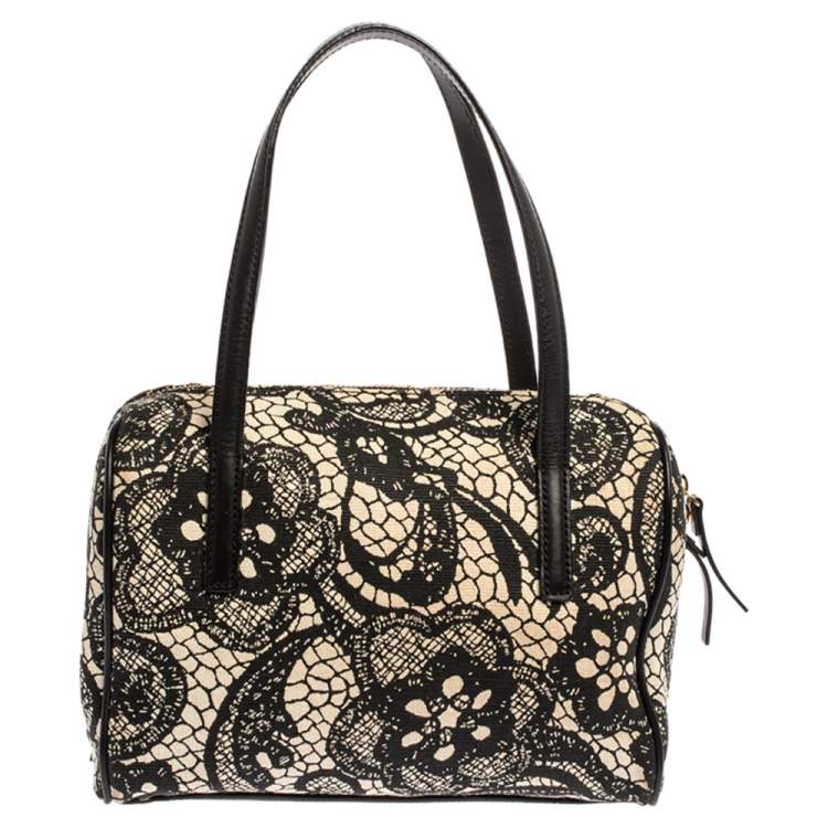 Pre Owned Kate Spade Black/White Printed Canvas and Leather Satchel