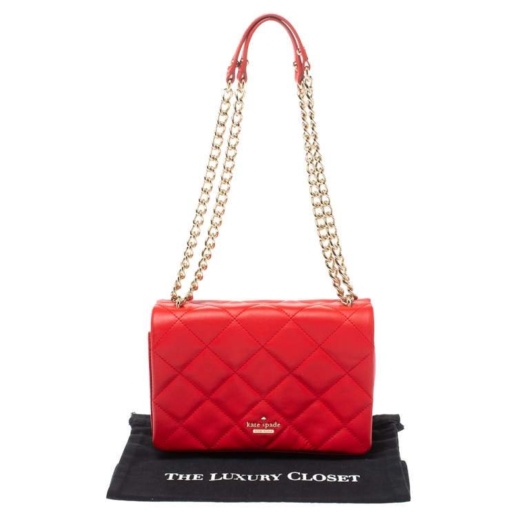 Pre Owned Kate Spade Red Quilted Leather Logo Flap Shoulder Bag