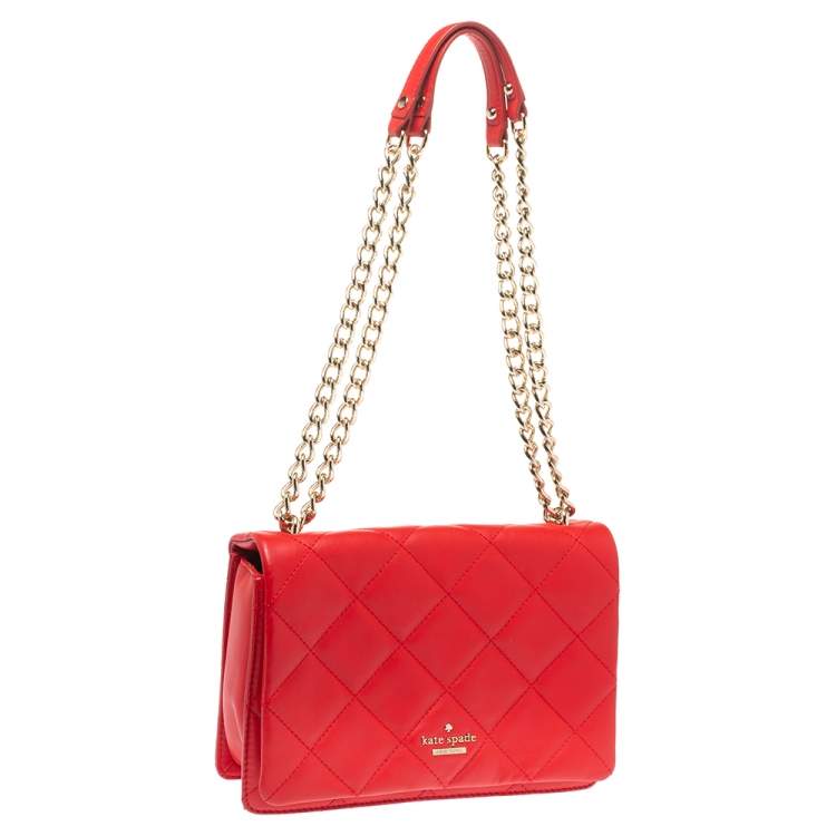 Pre Owned Kate Spade Red Quilted Leather Logo Flap Shoulder Bag