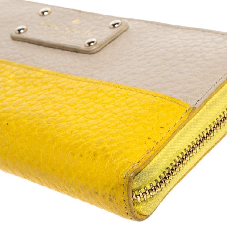 Pre Owned Kate Spade Yellow/Beige Leather Grove Court Lacey Zip Around Wallet