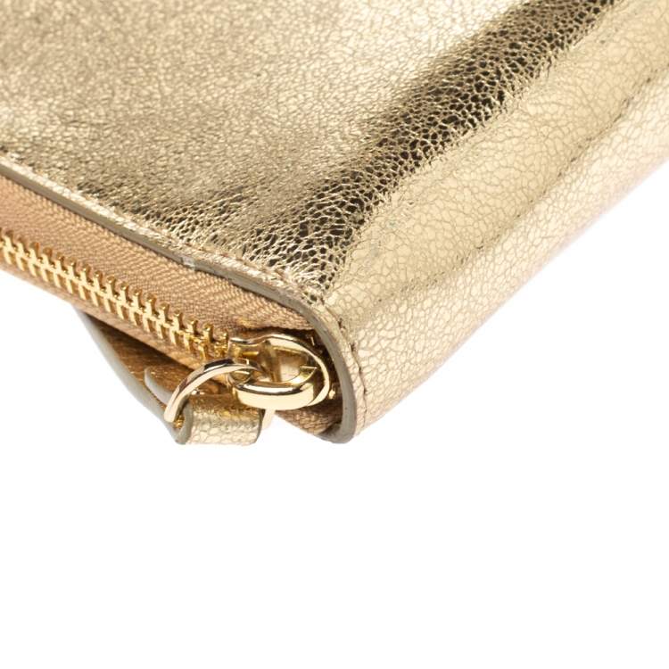Pre Owned Kate Spade Metallic Gold Leather Oversized Zip Around Wallet