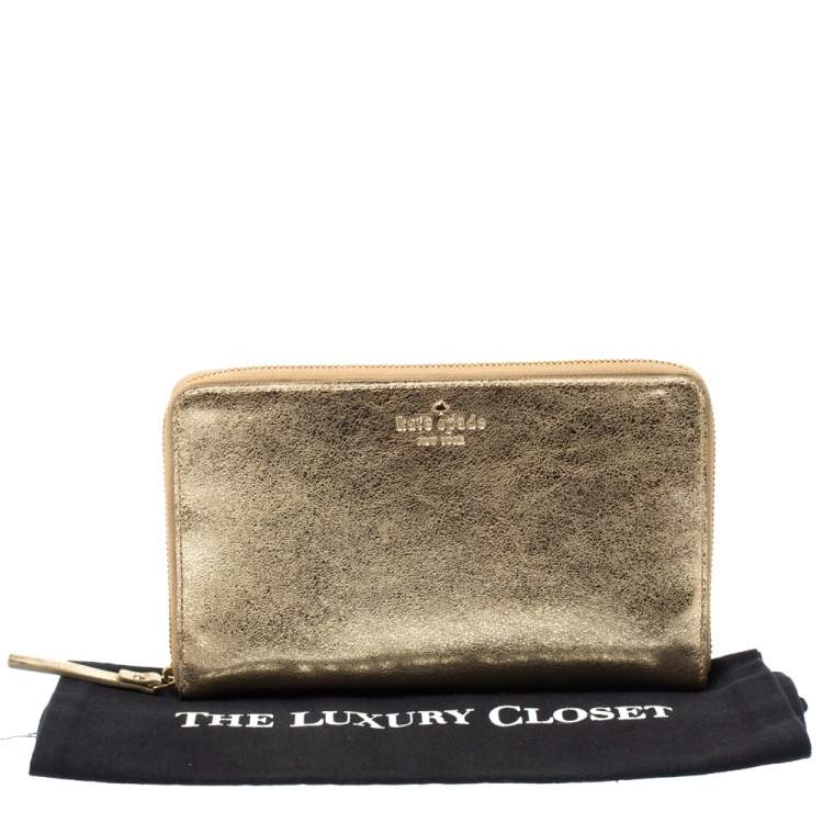 Pre Owned Kate Spade Metallic Gold Leather Oversized Zip Around Wallet